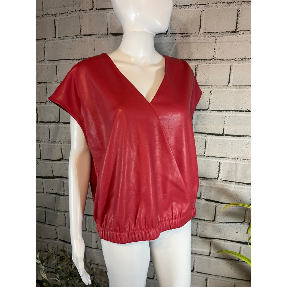 Marc New York Andrew Marc Red Faux Leather Surplice V-Neck Blouson Top NWT